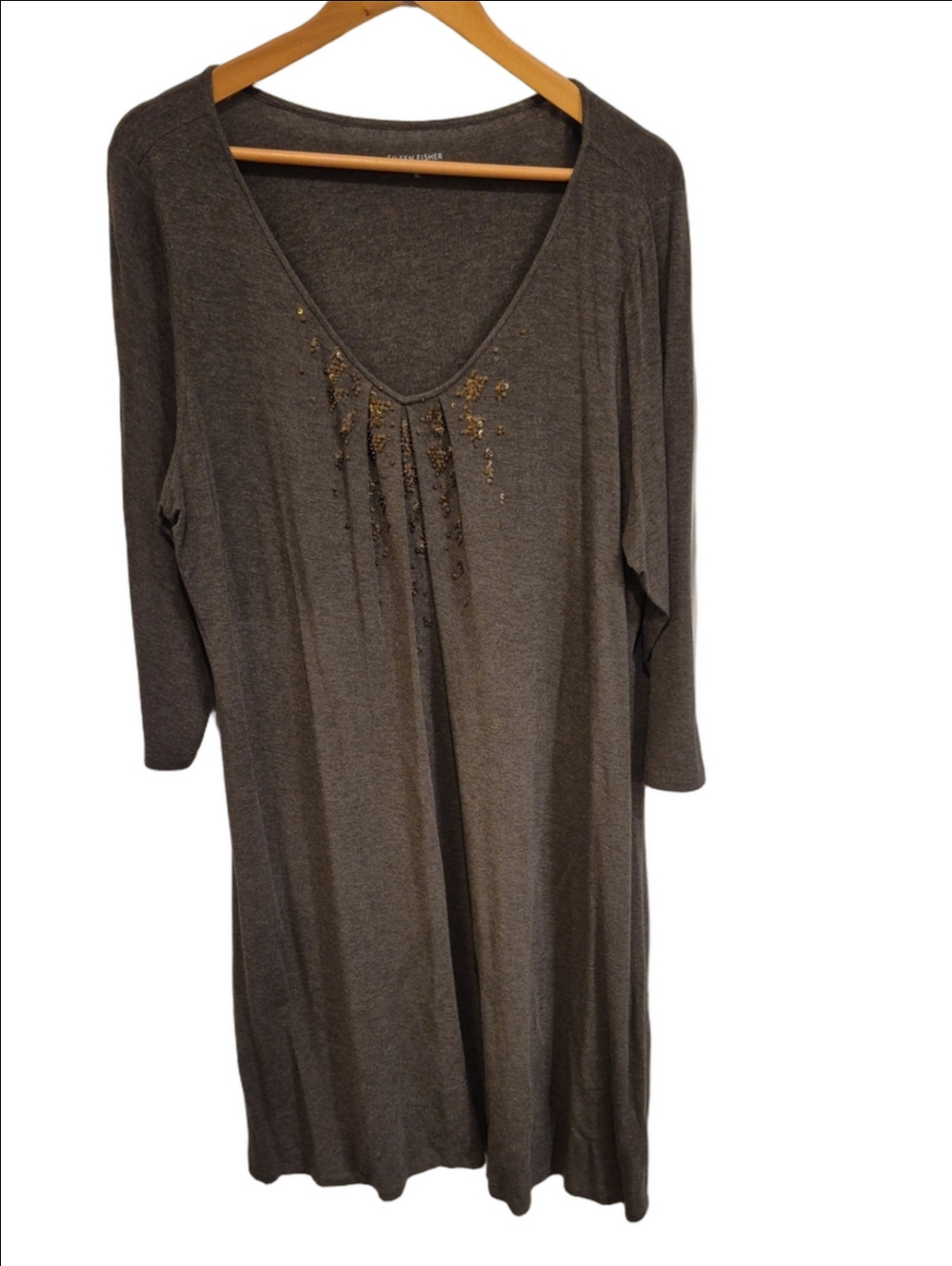 Eileen Fisher Charcoal Gray 3/4 Sleeve V-Neck Jersey Dress with Bronze Beads - Picture 2 of 8